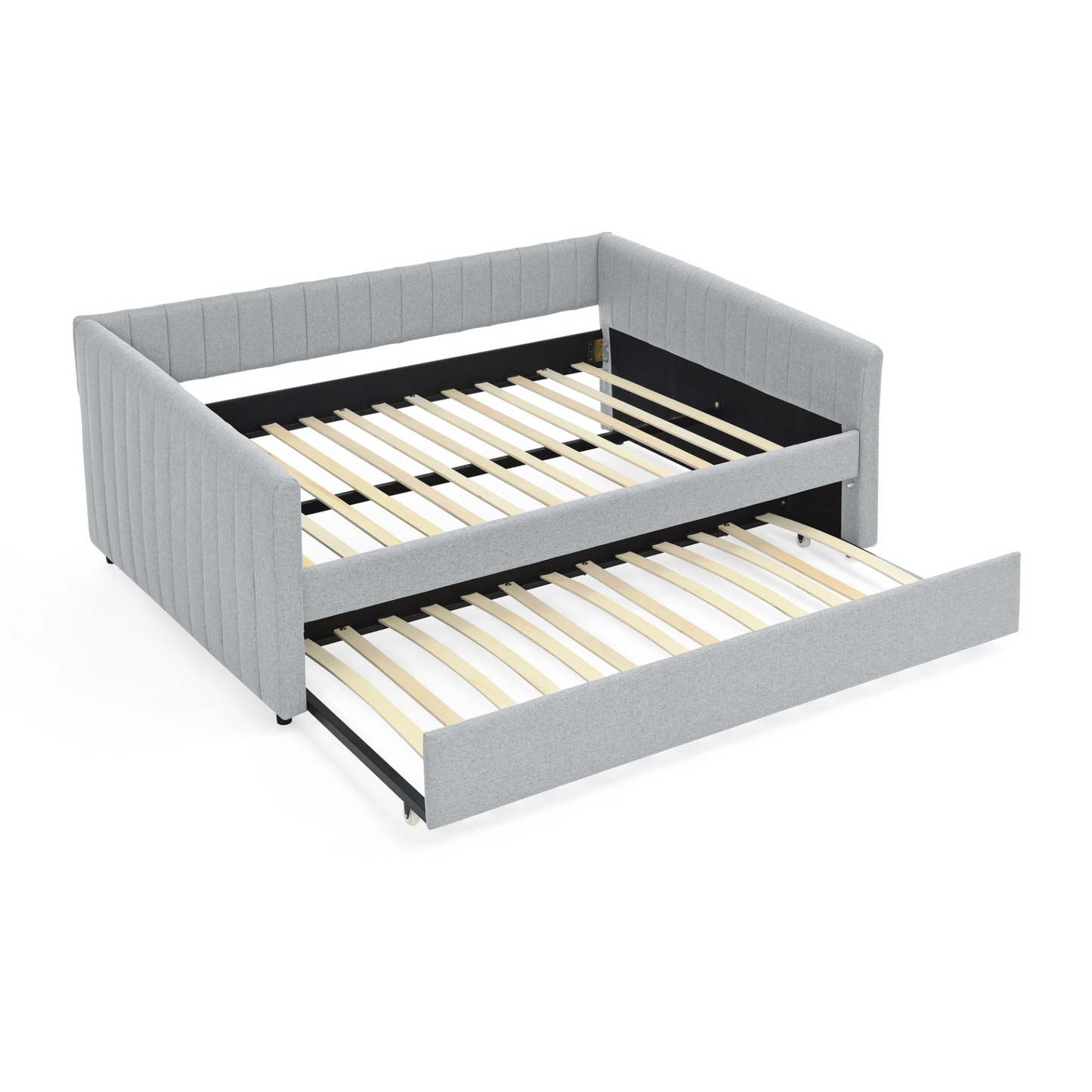Full Size Daybed with Trundle Upholstered Sofa Bed, with Vertical Stripes, Linen Fabric, Grey (82.5"x58"x30")