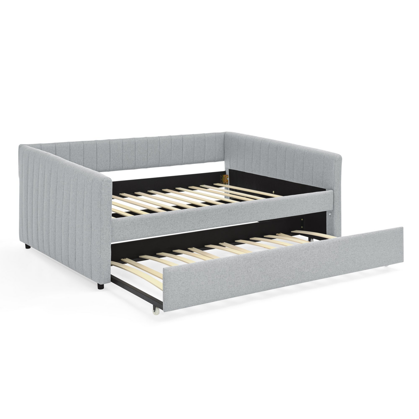Full Size Daybed with Trundle Upholstered Sofa Bed, with Vertical Stripes, Linen Fabric, Grey (82.5"x58"x30")