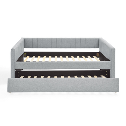 Full Size Daybed with Trundle Upholstered Sofa Bed, with Vertical Stripes, Linen Fabric, Grey (82.5"x58"x30")