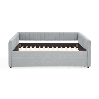 Full Size Daybed with Trundle Upholstered Sofa Bed, with Vertical Stripes, Linen Fabric, Grey (82.5"x58"x30")