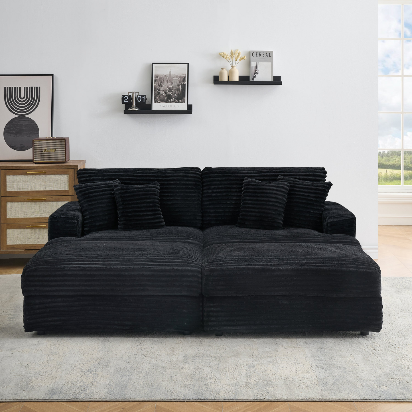 82 inches black corduroy sofa, two storage feet +4 throw pillows, create a living room, office fashion new darling!