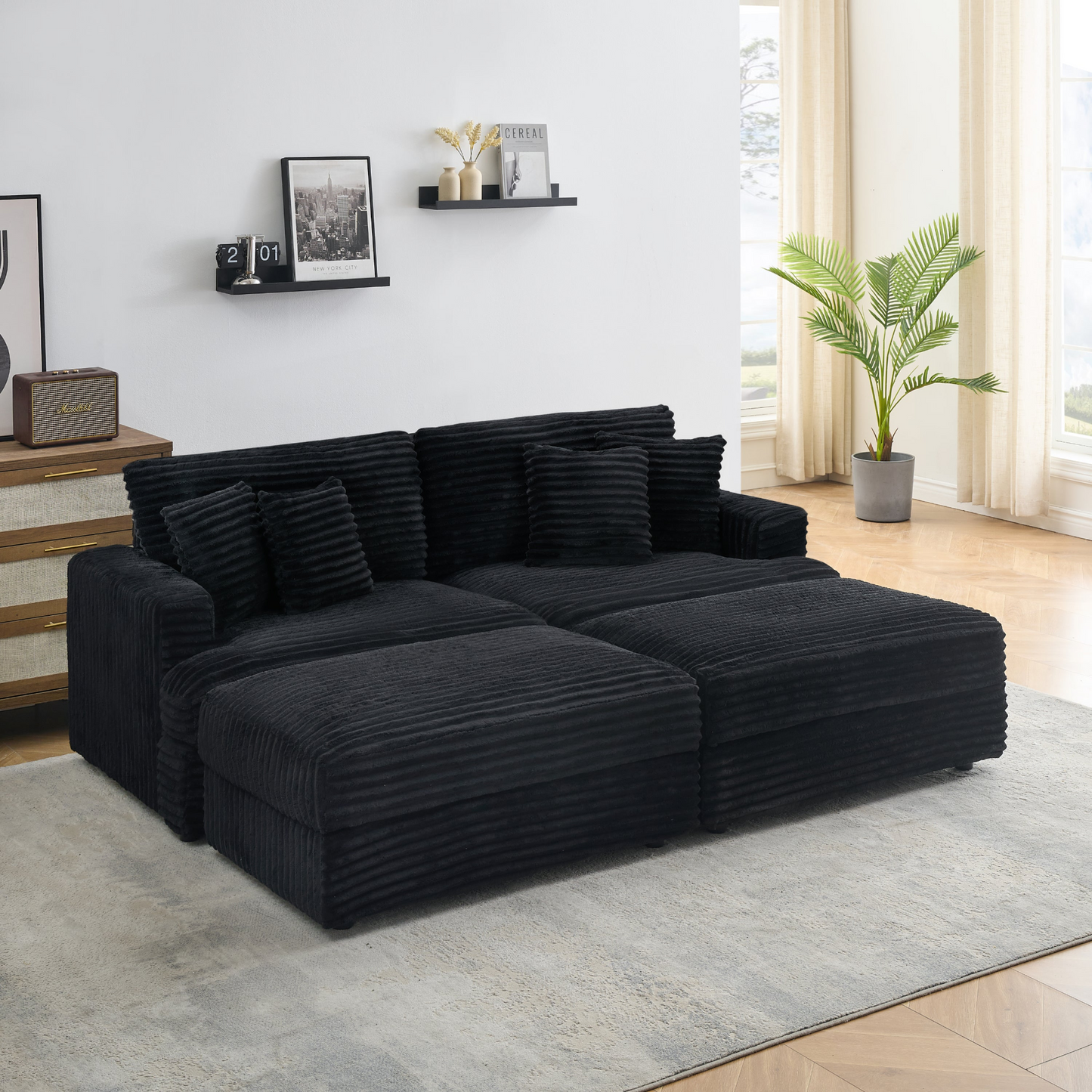 82 inches black corduroy sofa, two storage feet +4 throw pillows, create a living room, office fashion new darling!