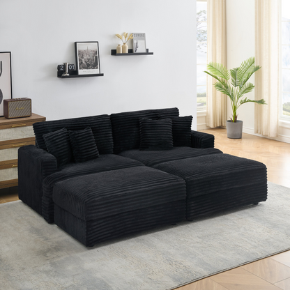 82 inches black corduroy sofa, two storage feet +4 throw pillows, create a living room, office fashion new darling!