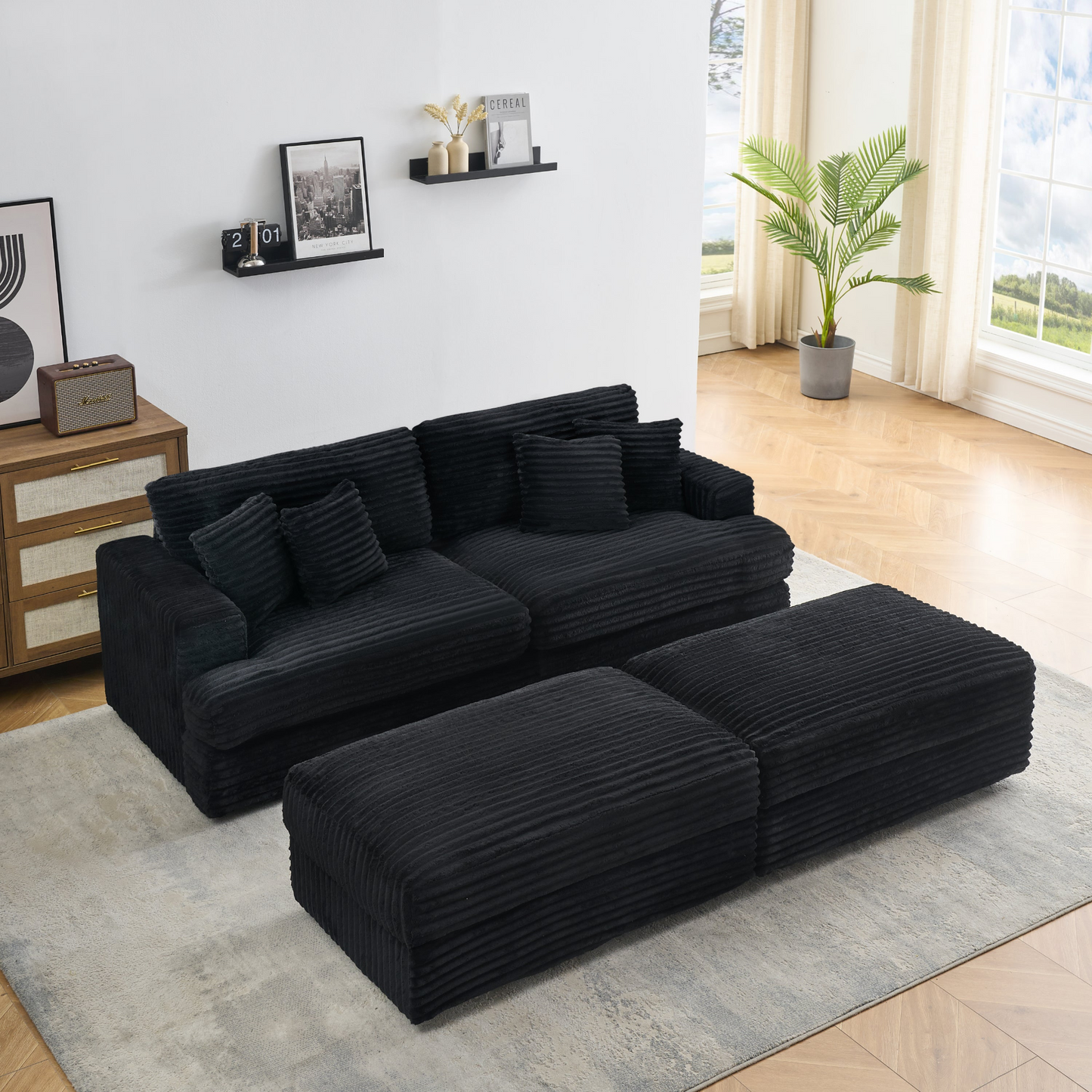 82 inches black corduroy sofa, two storage feet +4 throw pillows, create a living room, office fashion new darling!