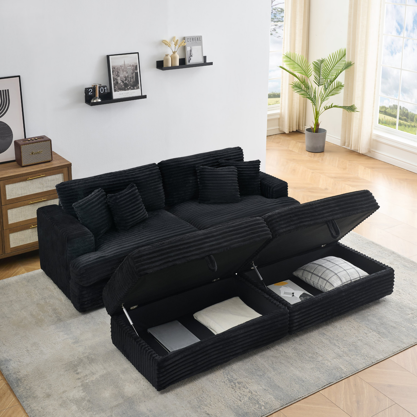82 inches black corduroy sofa, two storage feet +4 throw pillows, create a living room, office fashion new darling!