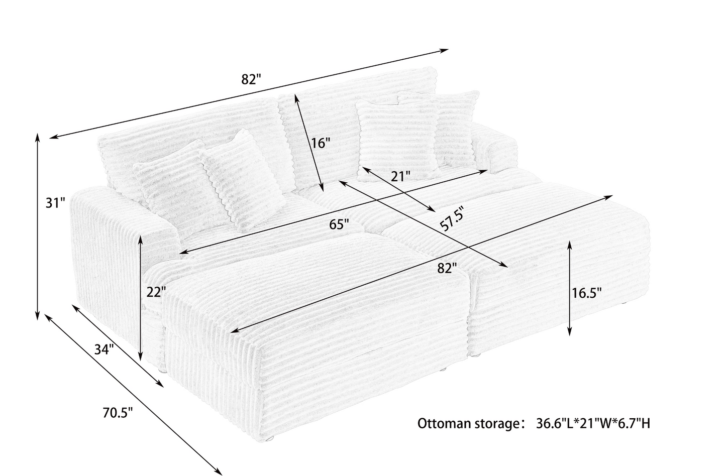 82 inches black corduroy sofa, two storage feet +4 throw pillows, create a living room, office fashion new darling!