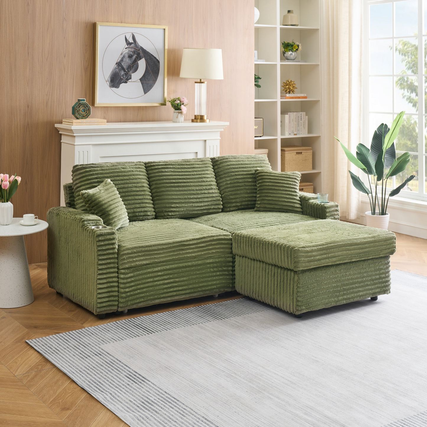 An 80-inch foldable and hidden chaise longue with cup holders, a footrest, storage function and the ability to be used as a bed, green corduroy sofa, which is suitable for the bedroom and living room.