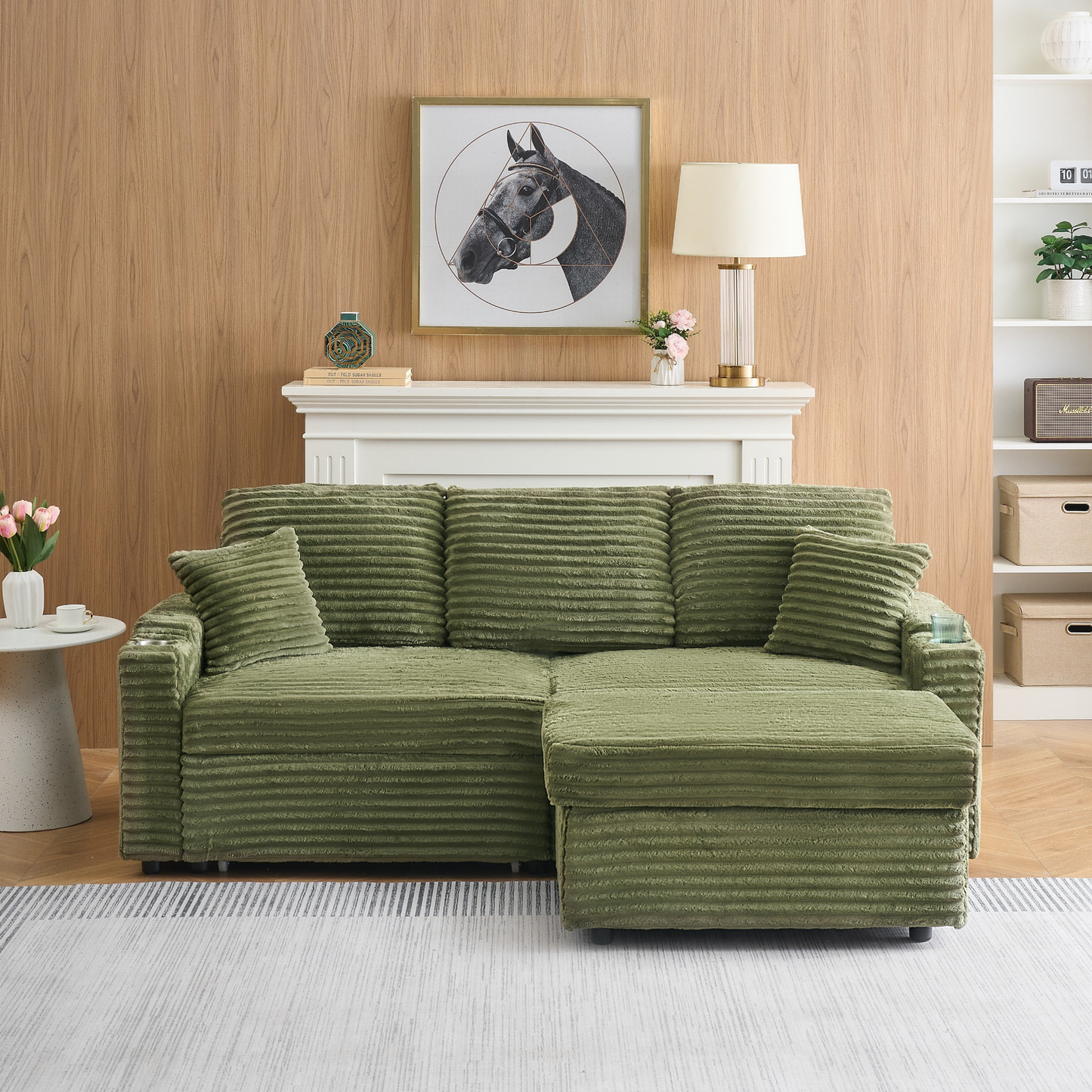 An 80-inch foldable and hidden chaise longue with cup holders, a footrest, storage function and the ability to be used as a bed, green corduroy sofa, which is suitable for the bedroom and living room.