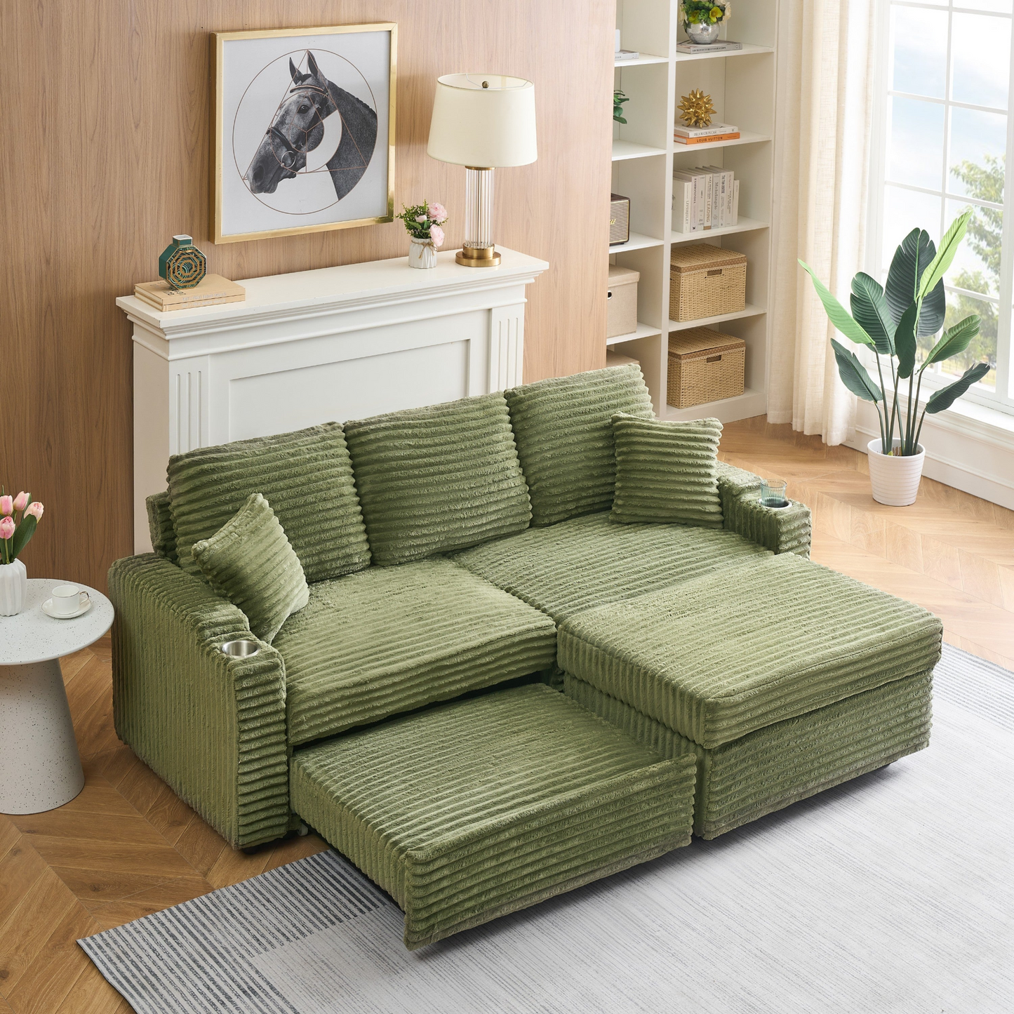 An 80-inch foldable and hidden chaise longue with cup holders, a footrest, storage function and the ability to be used as a bed, green corduroy sofa, which is suitable for the bedroom and living room.