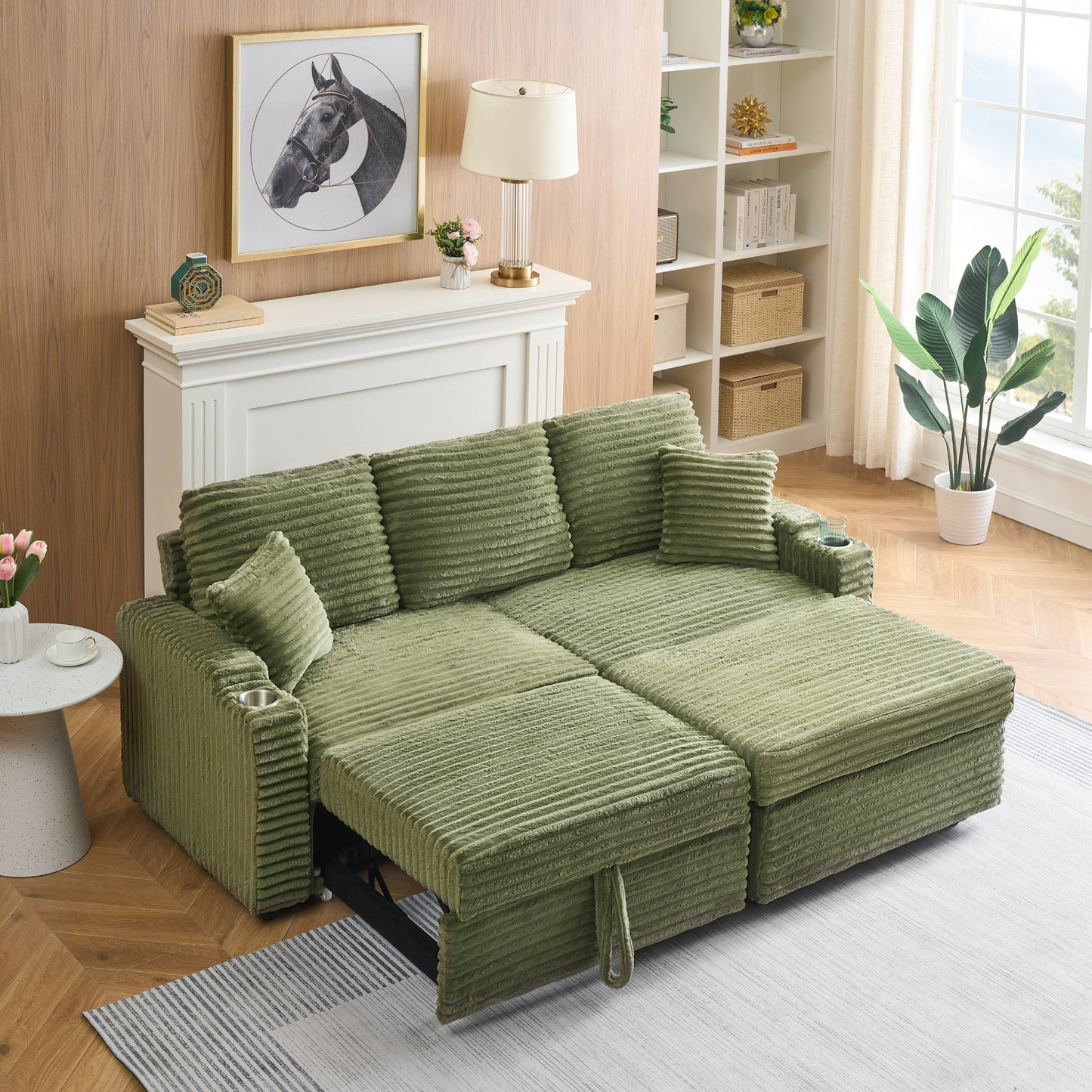 An 80-inch foldable and hidden chaise longue with cup holders, a footrest, storage function and the ability to be used as a bed, green corduroy sofa, which is suitable for the bedroom and living room.