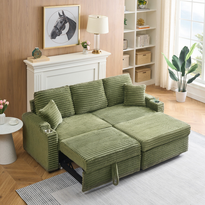 An 80-inch foldable and hidden chaise longue with cup holders, a footrest, storage function and the ability to be used as a bed, green corduroy sofa, which is suitable for the bedroom and living room.