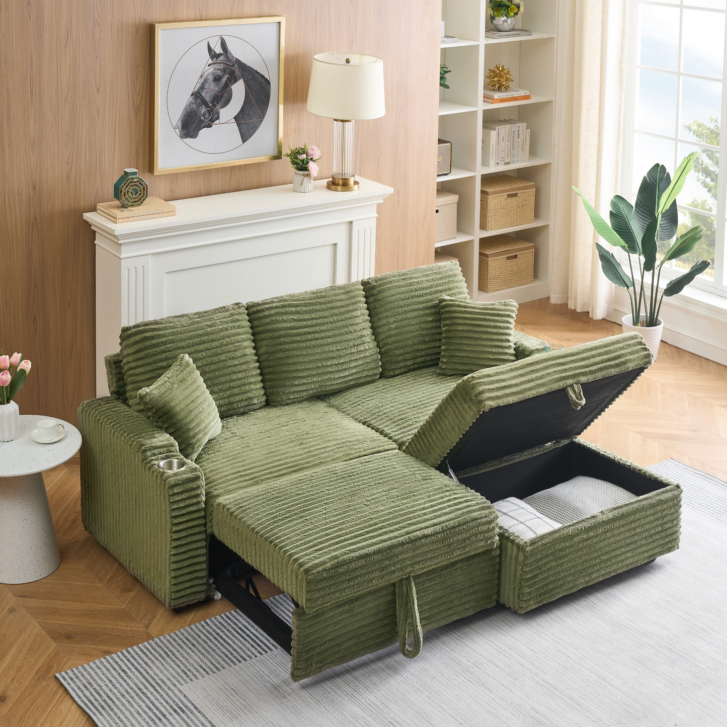 An 80-inch foldable and hidden chaise longue with cup holders, a footrest, storage function and the ability to be used as a bed, green corduroy sofa, which is suitable for the bedroom and living room.
