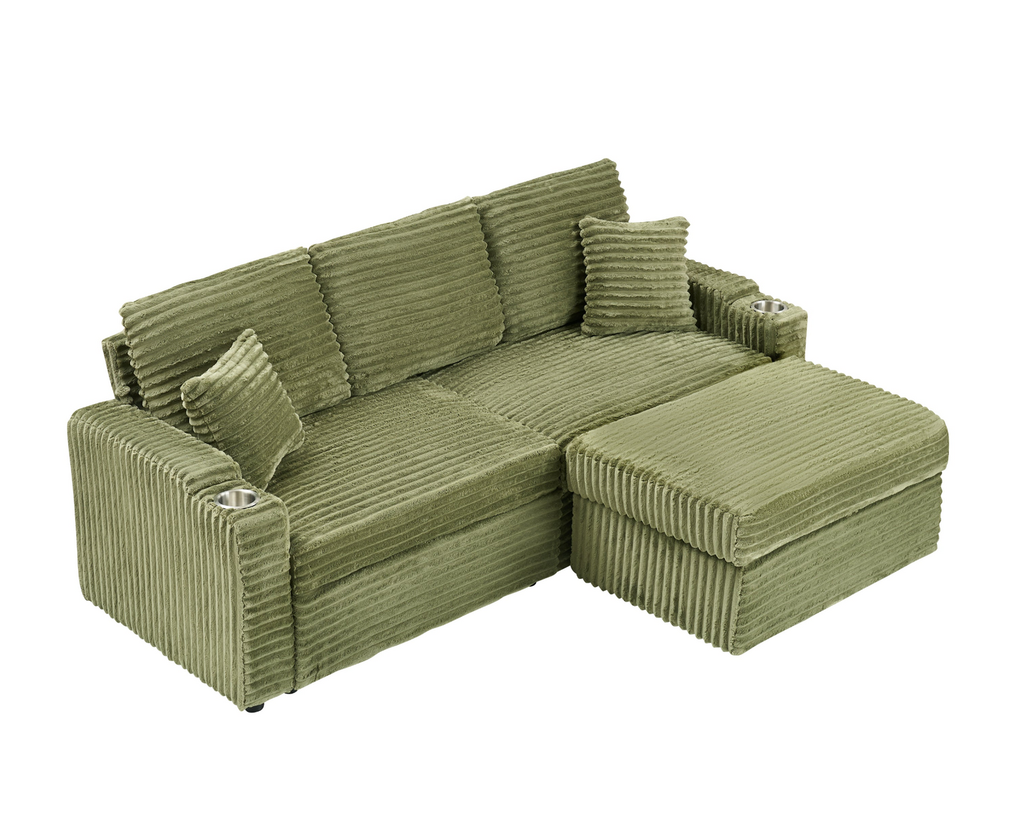 An 80-inch foldable and hidden chaise longue with cup holders, a footrest, storage function and the ability to be used as a bed, green corduroy sofa, which is suitable for the bedroom and living room.