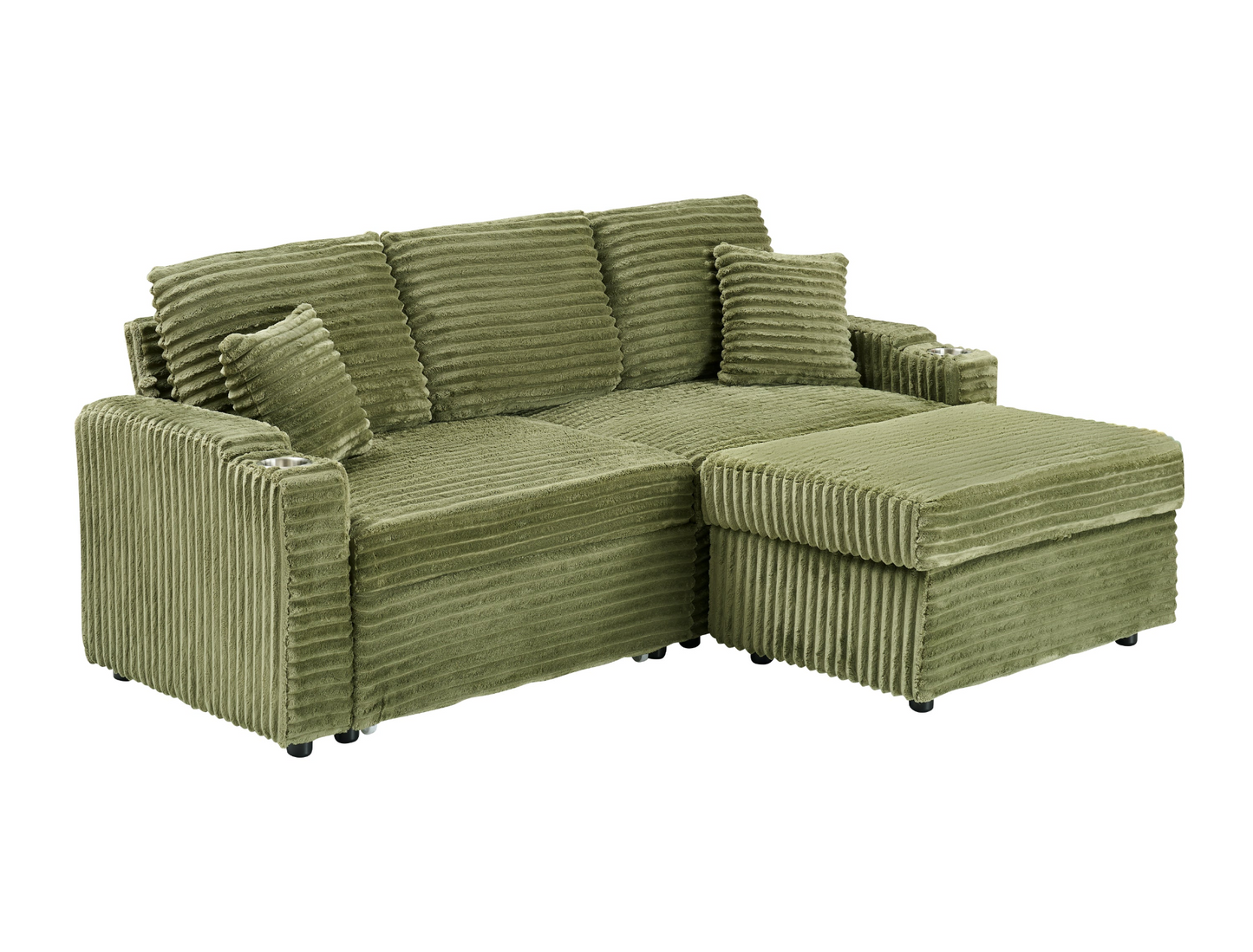 An 80-inch foldable and hidden chaise longue with cup holders, a footrest, storage function and the ability to be used as a bed, green corduroy sofa, which is suitable for the bedroom and living room.