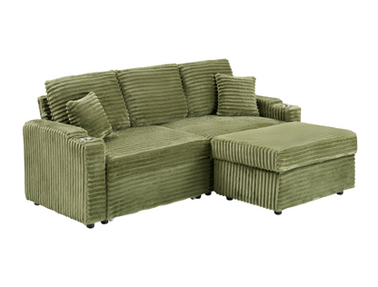 An 80-inch foldable and hidden chaise longue with cup holders, a footrest, storage function and the ability to be used as a bed, green corduroy sofa, which is suitable for the bedroom and living room.
