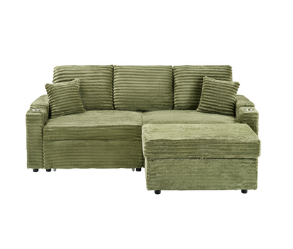 An 80-inch foldable and hidden chaise longue with cup holders, a footrest, storage function and the ability to be used as a bed, green corduroy sofa, which is suitable for the bedroom and living room.