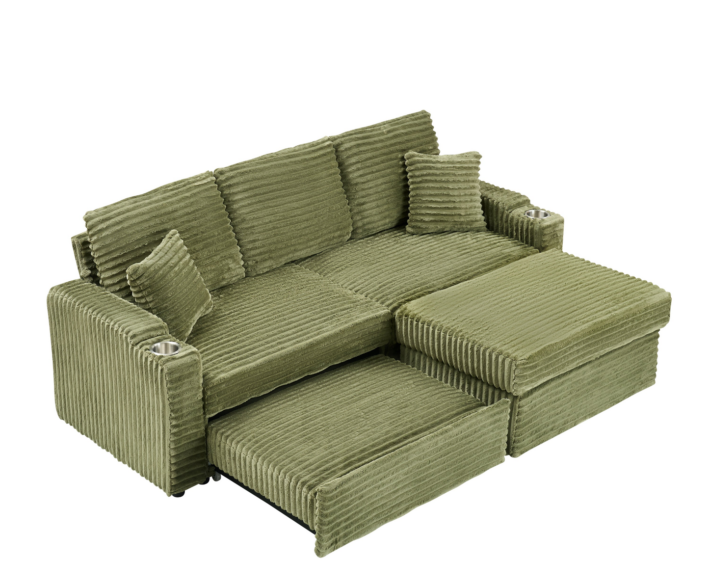 An 80-inch foldable and hidden chaise longue with cup holders, a footrest, storage function and the ability to be used as a bed, green corduroy sofa, which is suitable for the bedroom and living room.