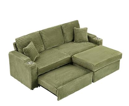 An 80-inch foldable and hidden chaise longue with cup holders, a footrest, storage function and the ability to be used as a bed, green corduroy sofa, which is suitable for the bedroom and living room.