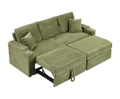 An 80-inch foldable and hidden chaise longue with cup holders, a footrest, storage function and the ability to be used as a bed, green corduroy sofa, which is suitable for the bedroom and living room.