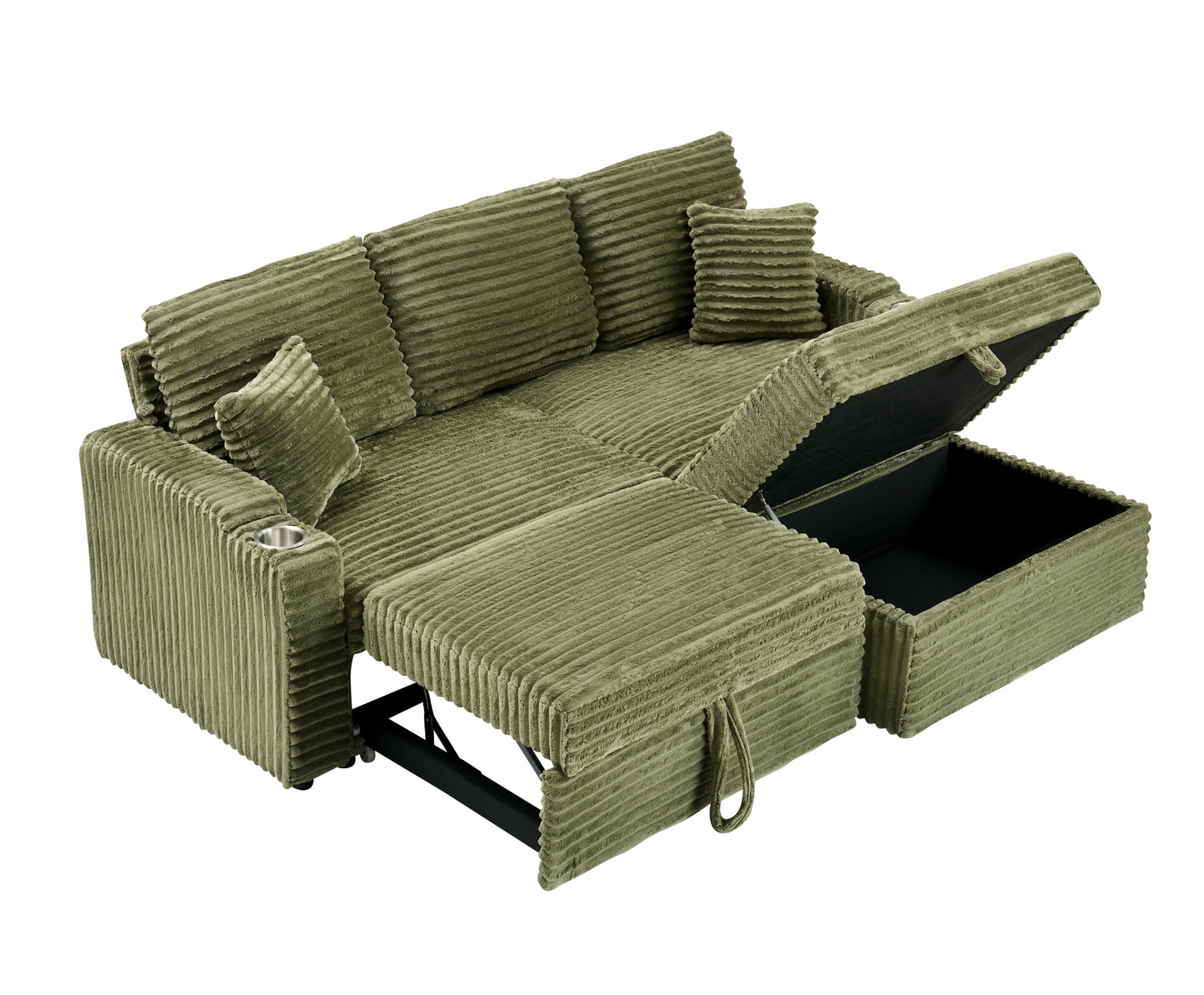 An 80-inch foldable and hidden chaise longue with cup holders, a footrest, storage function and the ability to be used as a bed, green corduroy sofa, which is suitable for the bedroom and living room.