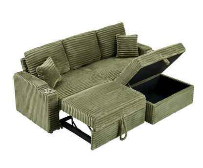 An 80-inch foldable and hidden chaise longue with cup holders, a footrest, storage function and the ability to be used as a bed, green corduroy sofa, which is suitable for the bedroom and living room.