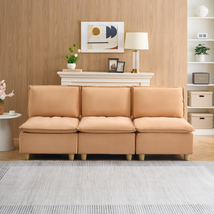 88-inch simple, modern and ultra-comfortable straight-row three-seater pumpkin-colored flannel sofa is suitable for living rooms, bedrooms and balconies.