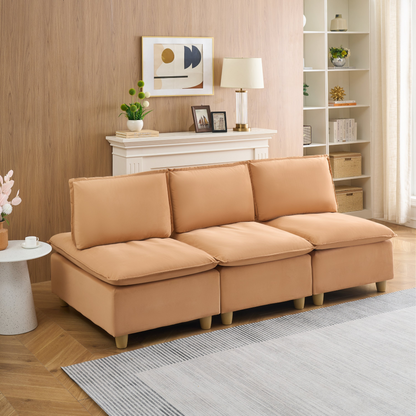 88-inch simple, modern and ultra-comfortable straight-row three-seater pumpkin-colored flannel sofa is suitable for living rooms, bedrooms and balconies.