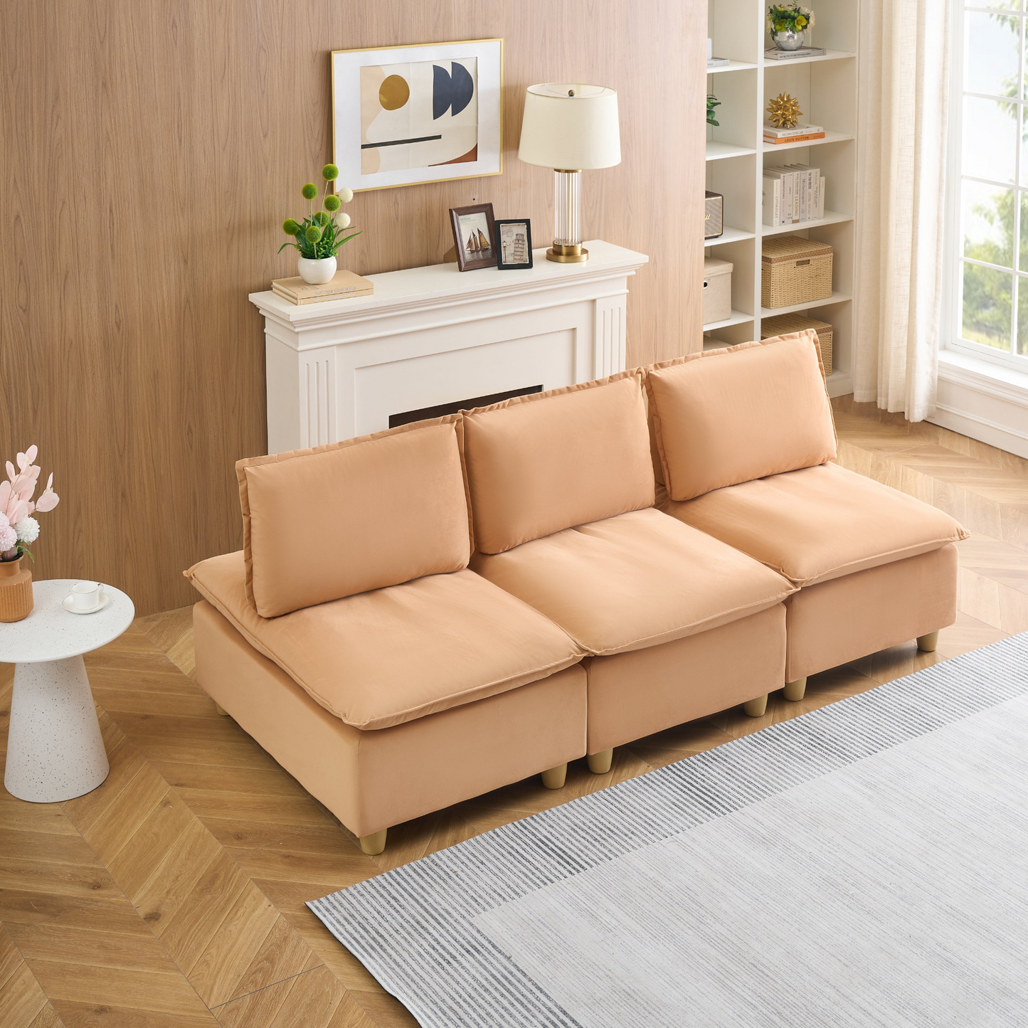 88-inch simple, modern and ultra-comfortable straight-row three-seater pumpkin-colored flannel sofa is suitable for living rooms, bedrooms and balconies.