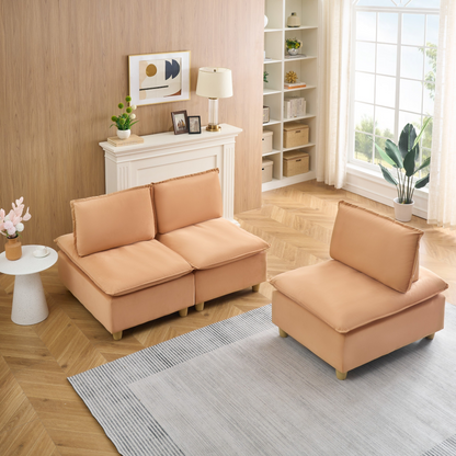 88-inch simple, modern and ultra-comfortable straight-row three-seater pumpkin-colored flannel sofa is suitable for living rooms, bedrooms and balconies.