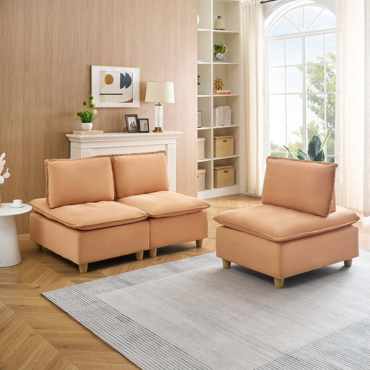 88-inch simple, modern and ultra-comfortable straight-row three-seater pumpkin-colored flannel sofa is suitable for living rooms, bedrooms and balconies.