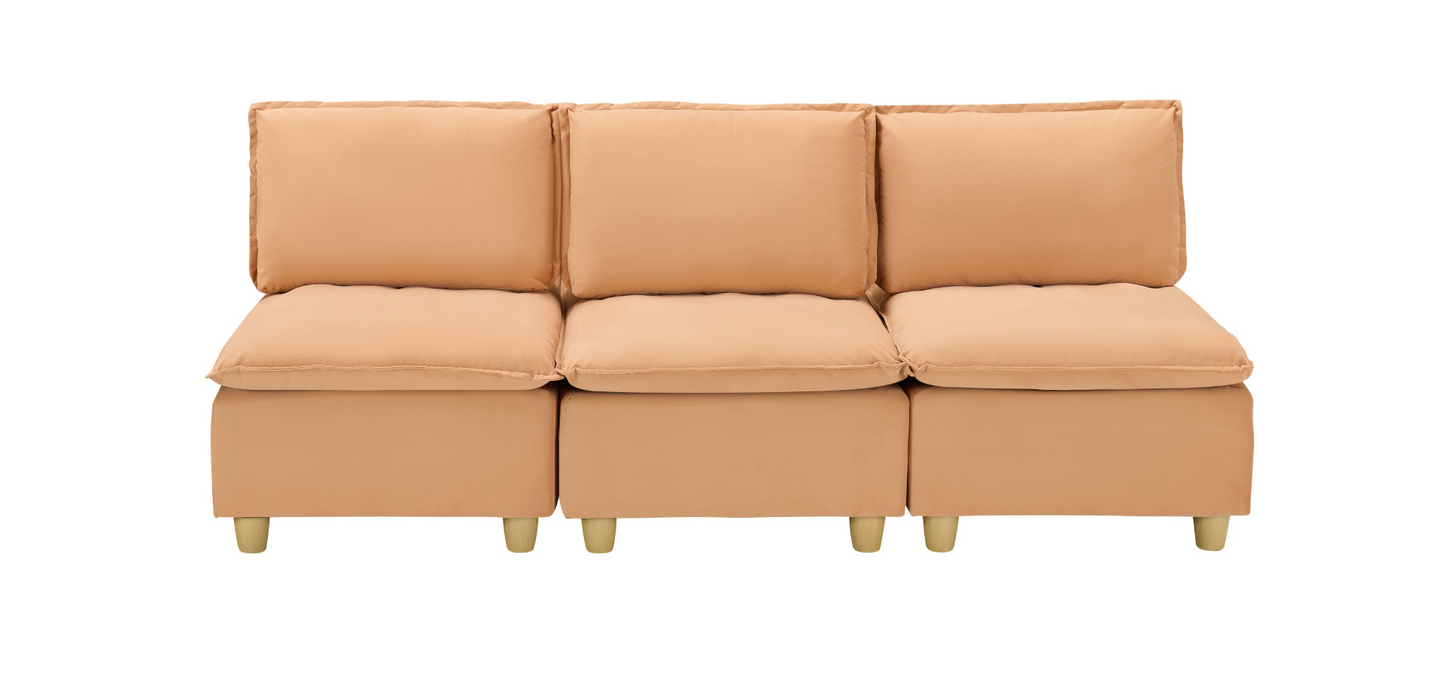 88-inch simple, modern and ultra-comfortable straight-row three-seater pumpkin-colored flannel sofa is suitable for living rooms, bedrooms and balconies.