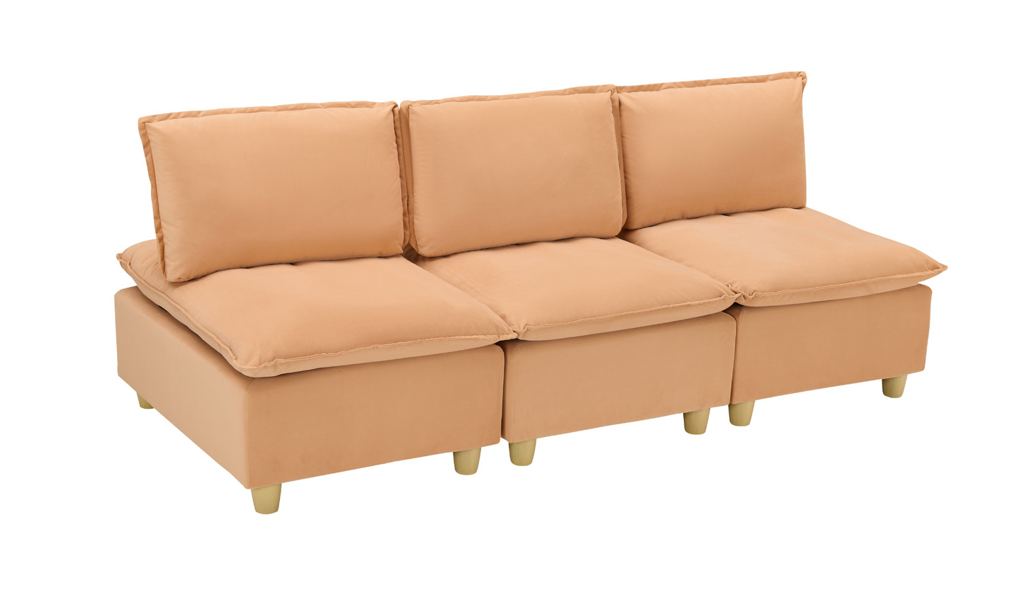 88-inch simple, modern and ultra-comfortable straight-row three-seater pumpkin-colored flannel sofa is suitable for living rooms, bedrooms and balconies.