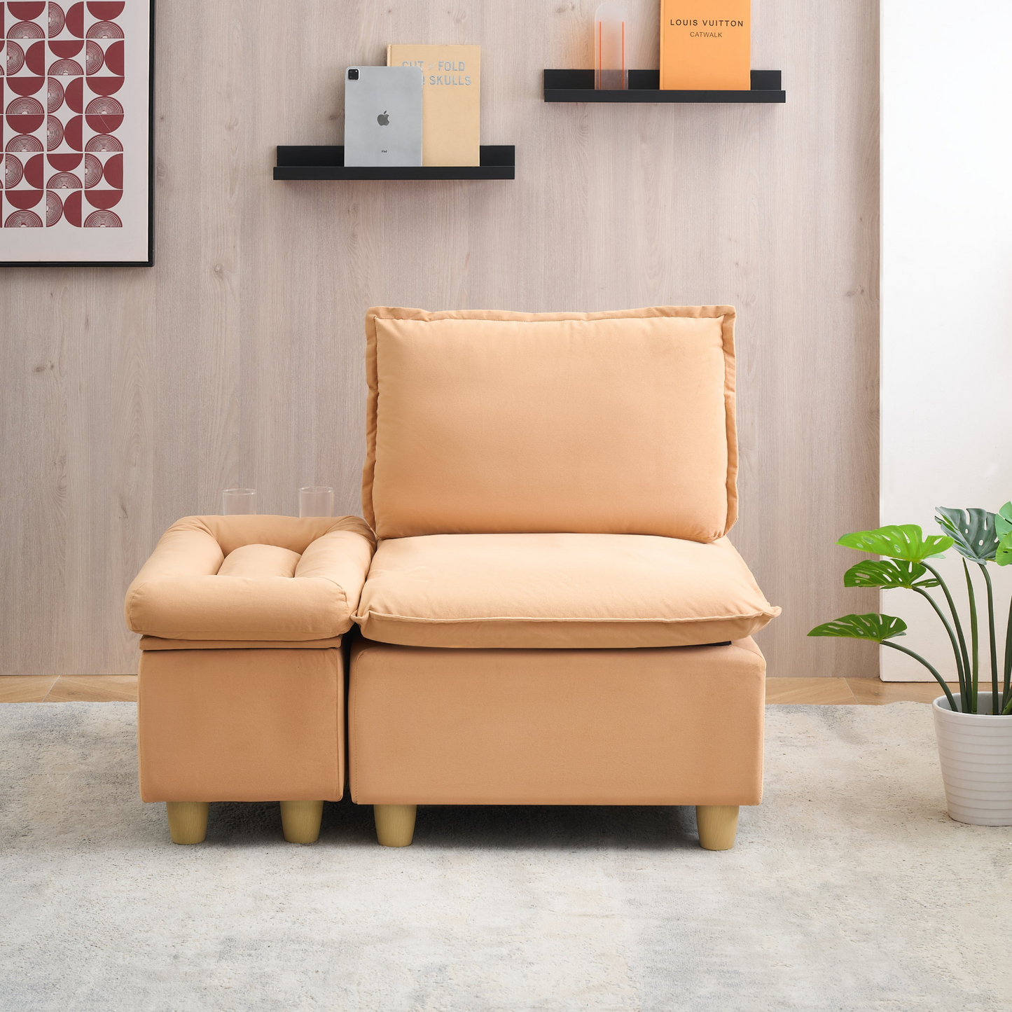 44.29-inch pumpkin-colored flannel single sofa with a movable storage cabinet and cup holders, which is suitable for the living room and balcony.