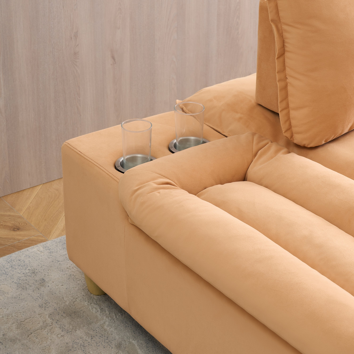 44.29-inch pumpkin-colored flannel single sofa with a movable storage cabinet and cup holders, which is suitable for the living room and balcony.