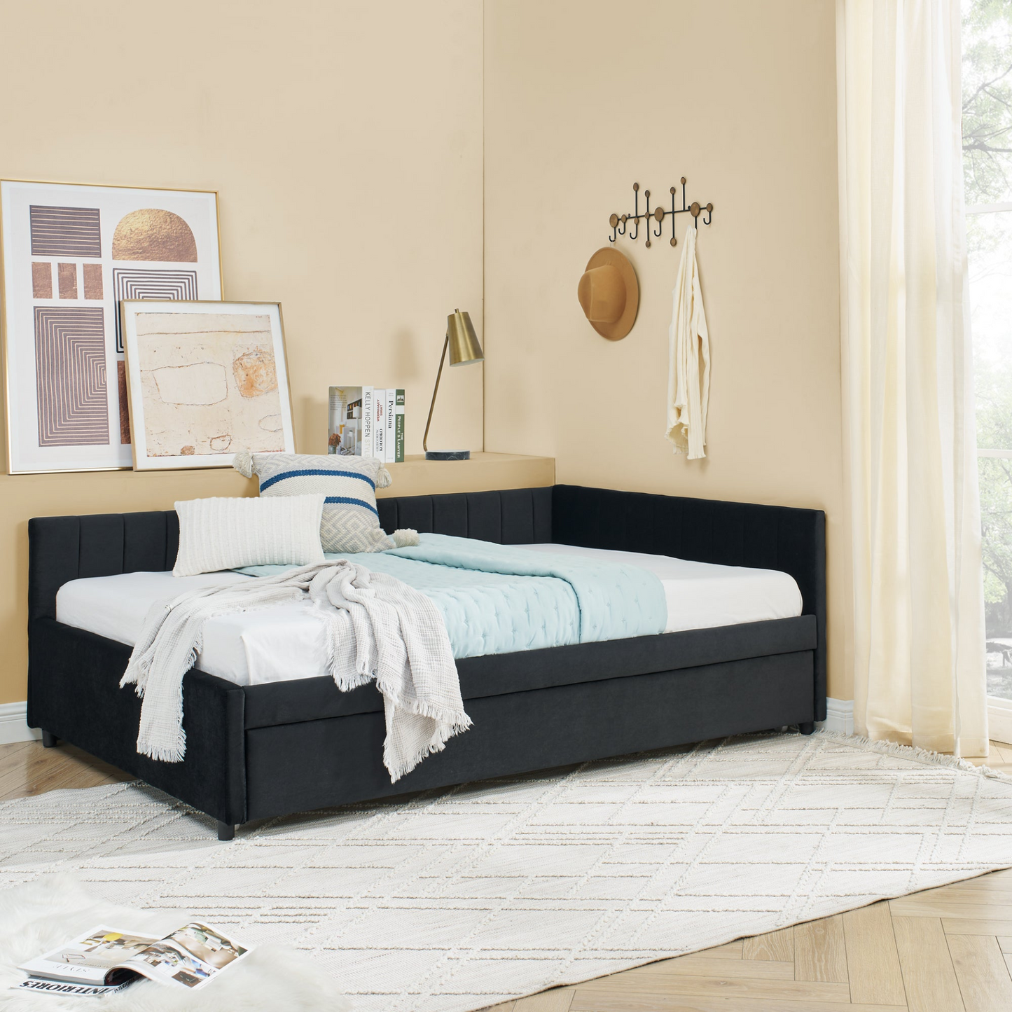 Full Size Daybed with Trundle Upholstered Tufted Sofa Bed, Sofa Bed Frame with Comfortable Backrest and Armrests, Velvet, Black(79.5''x58''x25'')