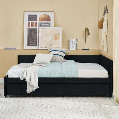 Full Size Daybed with Trundle Upholstered Tufted Sofa Bed, Sofa Bed Frame with Comfortable Backrest and Armrests, Velvet, Black(79.5''x58''x25'')