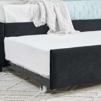 Full Size Daybed with Trundle Upholstered Tufted Sofa Bed, Sofa Bed Frame with Comfortable Backrest and Armrests, Velvet, Black(79.5''x58''x25'')