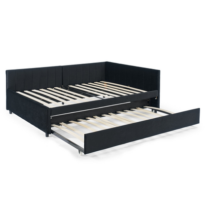 Full Size Daybed with Trundle Upholstered Tufted Sofa Bed, Sofa Bed Frame with Comfortable Backrest and Armrests, Velvet, Black(79.5''x58''x25'')