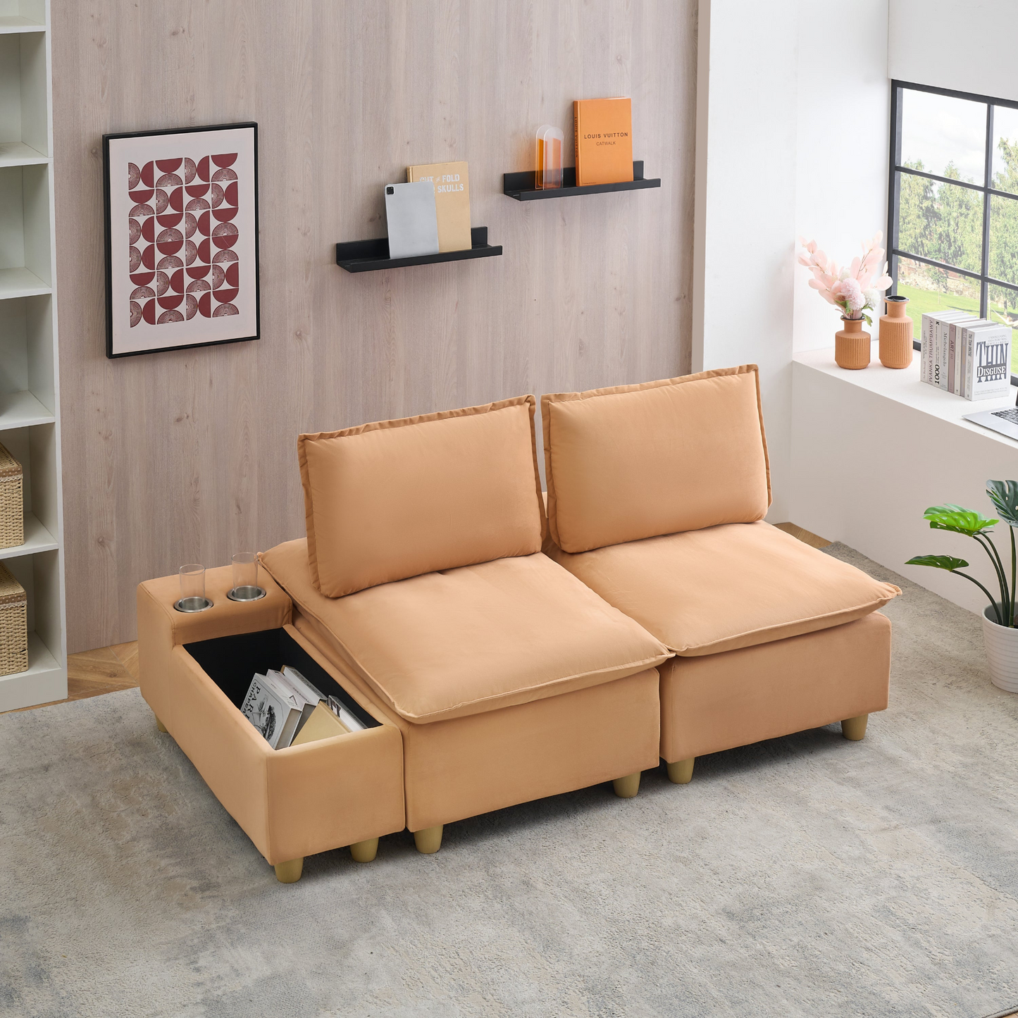 74-inch fashionable and minimalist double-seater pumpkin-colored flannel sofa with cup holders, an adjustable backrest and storage compartments is suitable for living rooms, bedrooms and balconies.