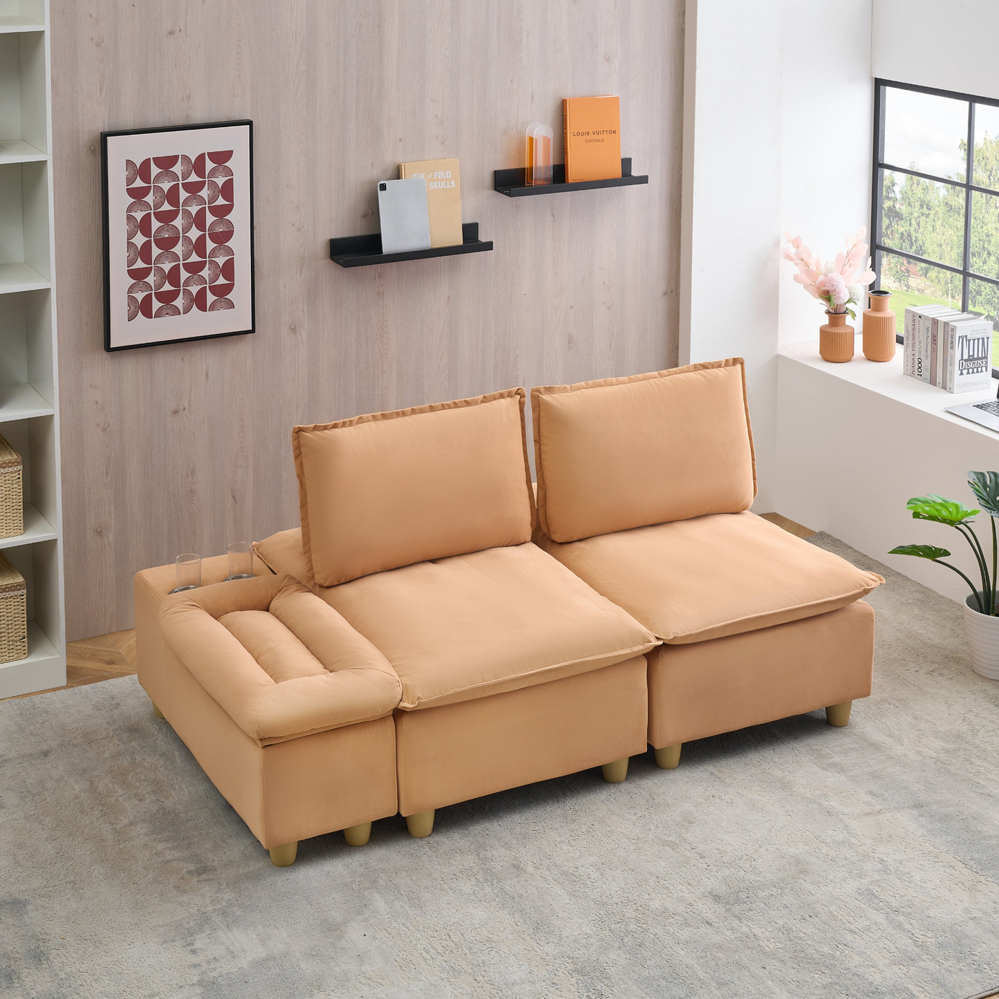 74-inch fashionable and minimalist double-seater pumpkin-colored flannel sofa with cup holders, an adjustable backrest and storage compartments is suitable for living rooms, bedrooms and balconies.