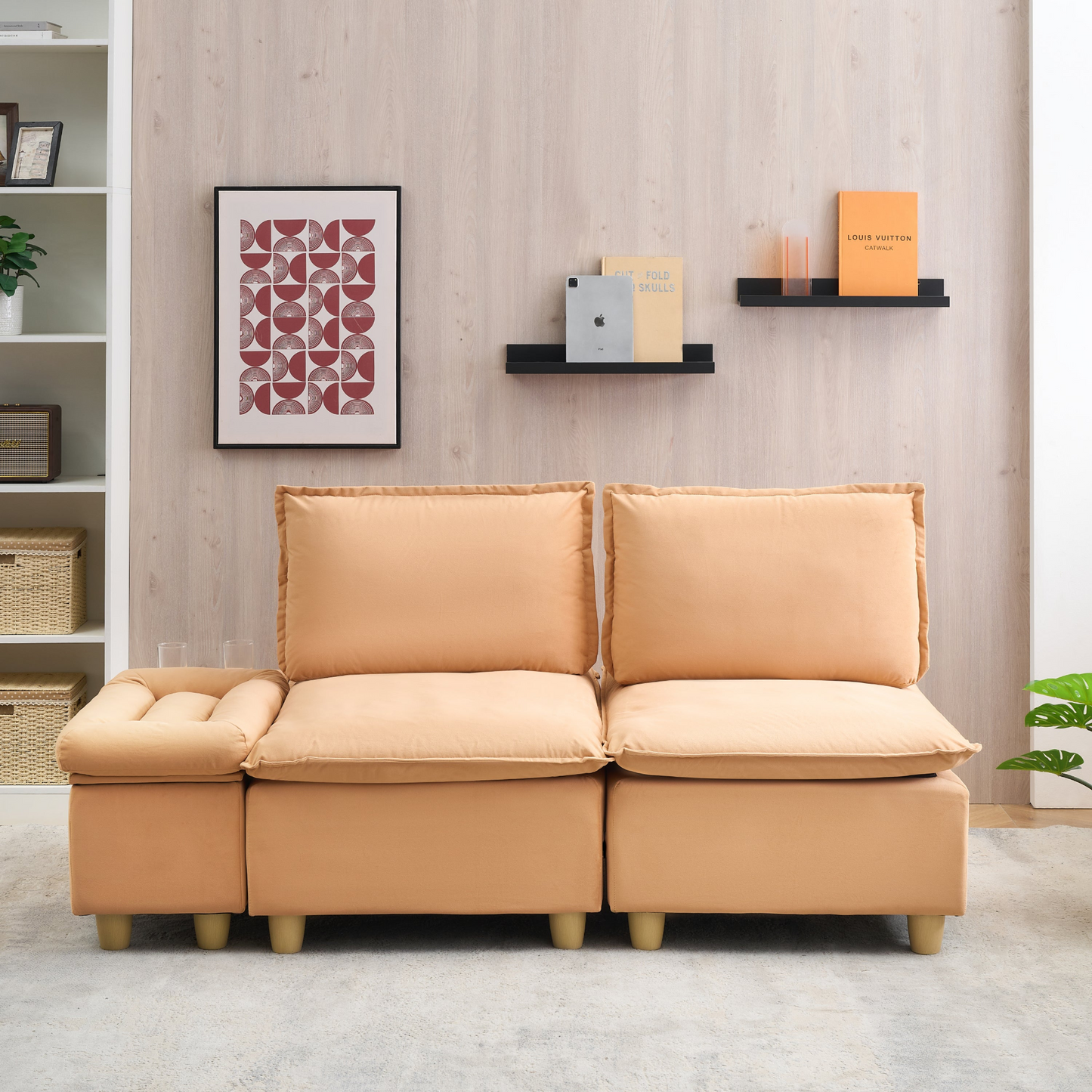 74-inch fashionable and minimalist double-seater pumpkin-colored flannel sofa with cup holders, an adjustable backrest and storage compartments is suitable for living rooms, bedrooms and balconies.