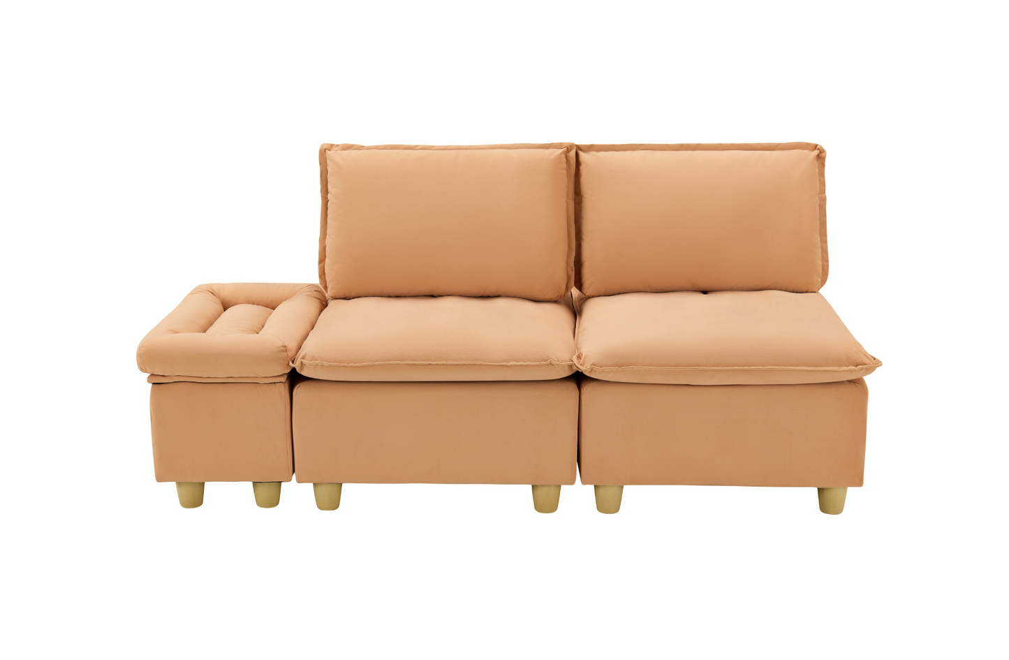 74-inch fashionable and minimalist double-seater pumpkin-colored flannel sofa with cup holders, an adjustable backrest and storage compartments is suitable for living rooms, bedrooms and balconies.