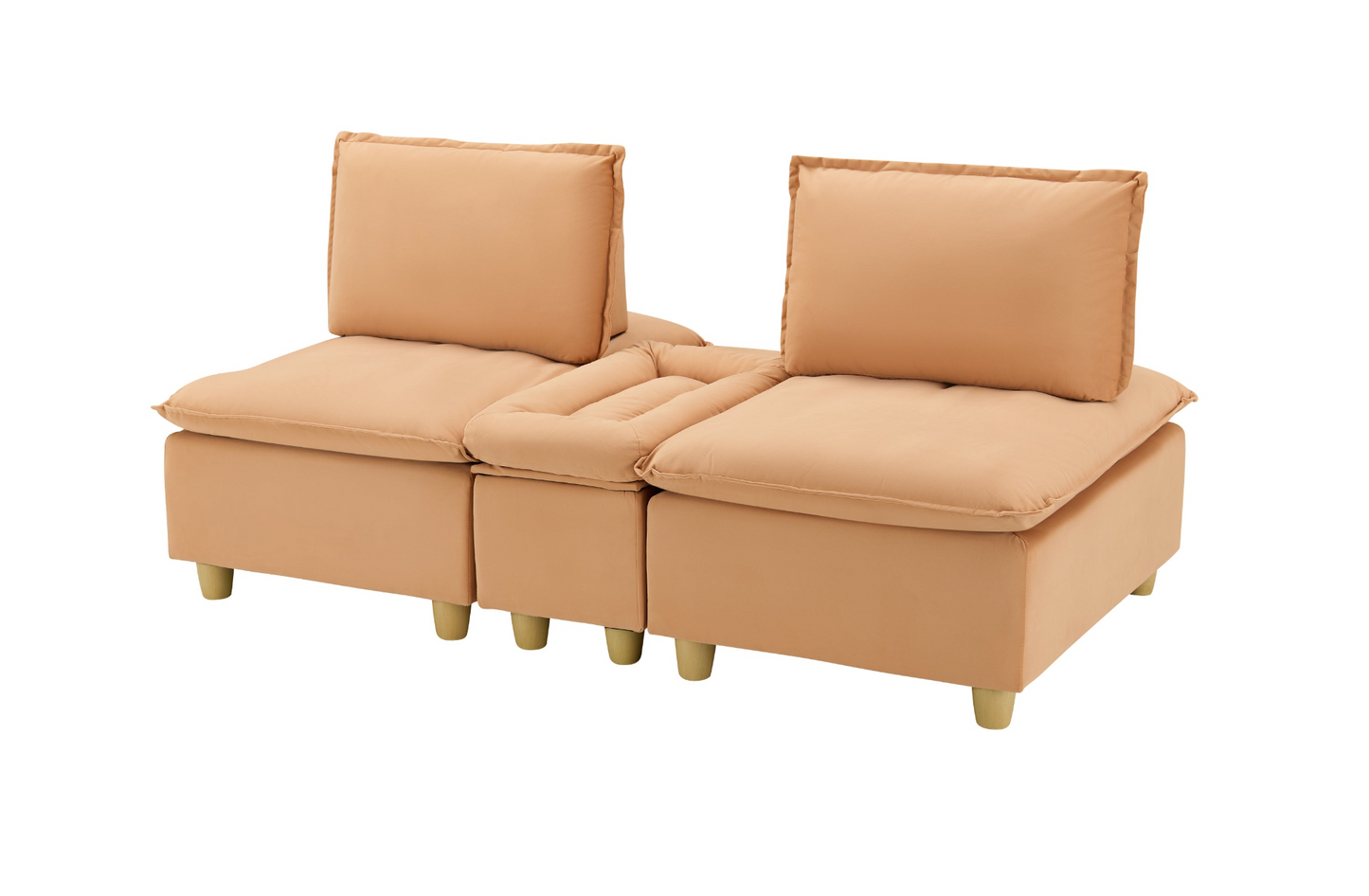 74-inch fashionable and minimalist double-seater pumpkin-colored flannel sofa with cup holders, an adjustable backrest and storage compartments is suitable for living rooms, bedrooms and balconies.