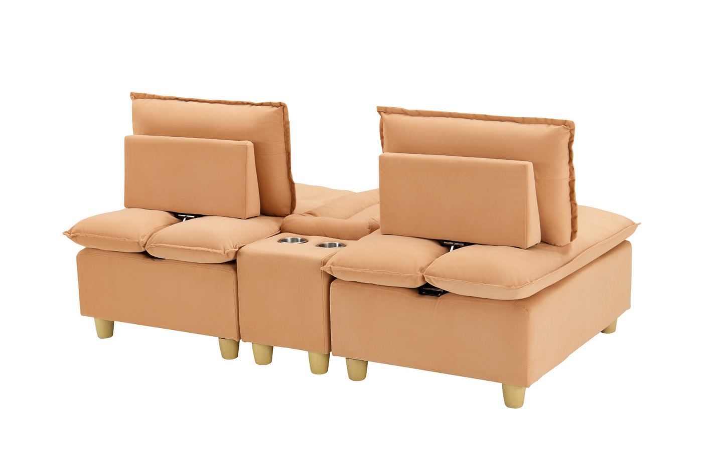 74-inch fashionable and minimalist double-seater pumpkin-colored flannel sofa with cup holders, an adjustable backrest and storage compartments is suitable for living rooms, bedrooms and balconies.