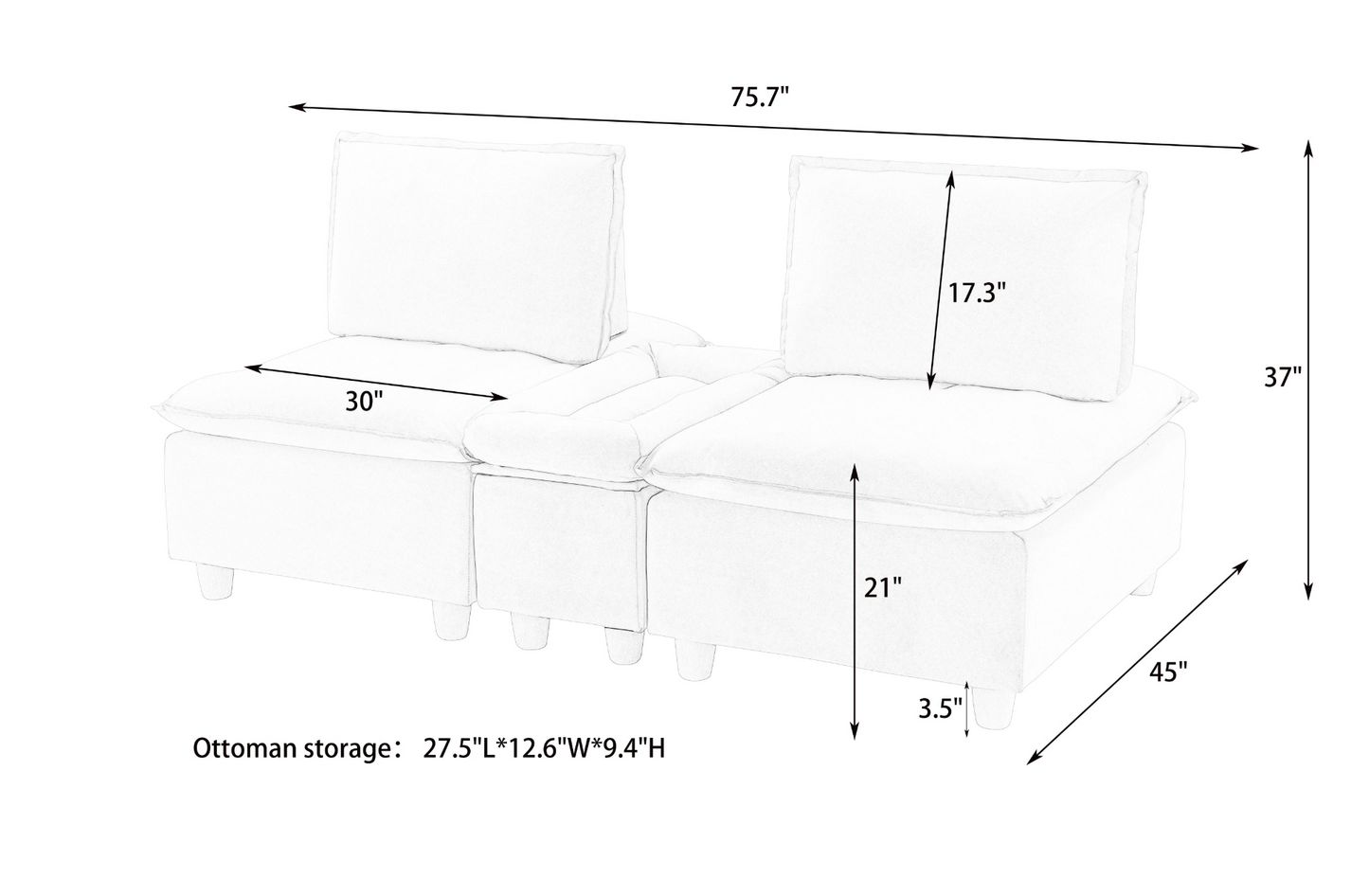 74-inch fashionable and minimalist double-seater pumpkin-colored flannel sofa with cup holders, an adjustable backrest and storage compartments is suitable for living rooms, bedrooms and balconies.