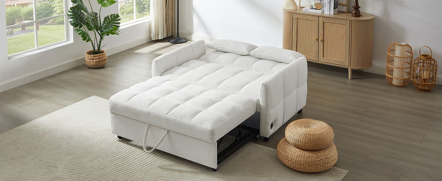 52.8" Loveseat Sofa Pull-out Sofa Bed Tufted Sleeper Sofa with an Adjustable Backrest, Three USB Ports and Two Lumbar Pillows for Living Room, Beige