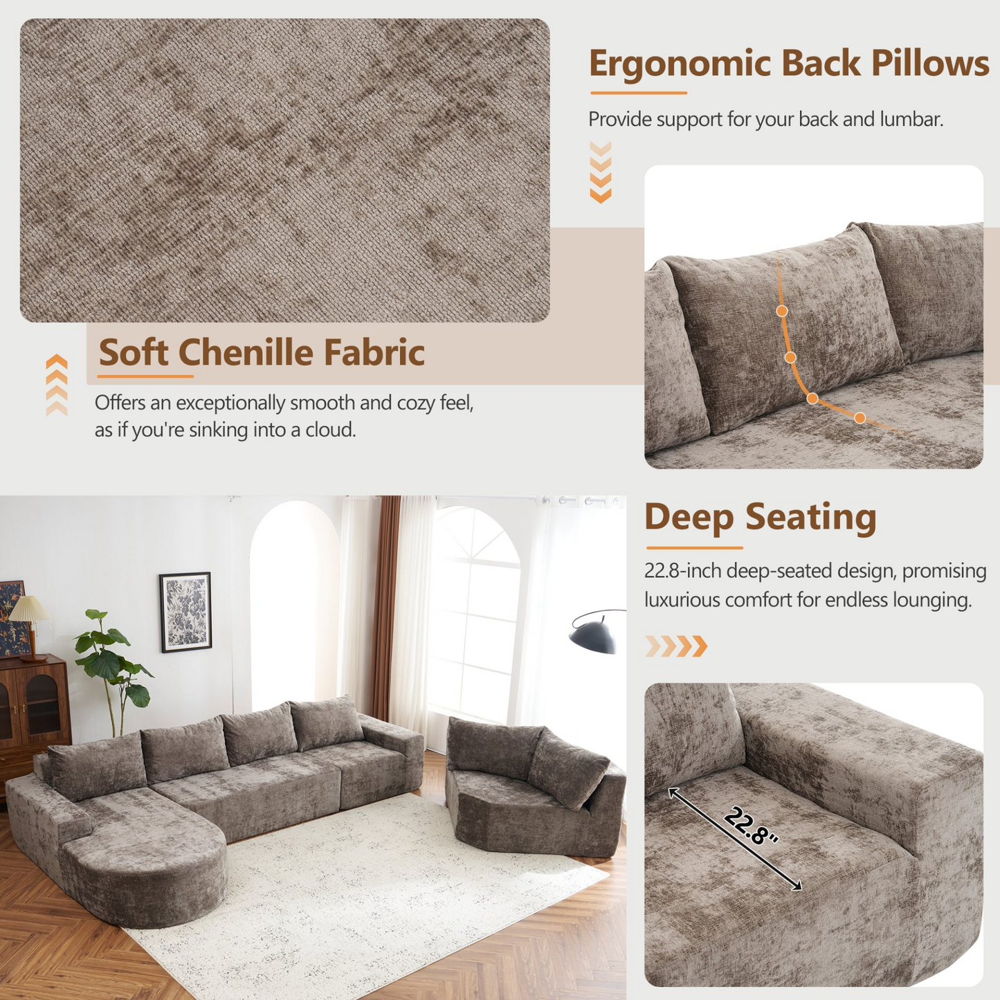 141.7" Oversized Modular Sofa Cloud Sectional Sofa Set Upholstered Couches U-shaped Sofa with Deep Seat for Living Room, Brown