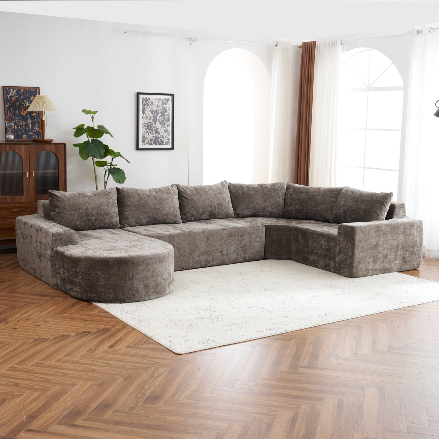 141.7" Oversized Modular Sofa Cloud Sectional Sofa Set Upholstered Couches U-shaped Sofa with Deep Seat for Living Room, Brown