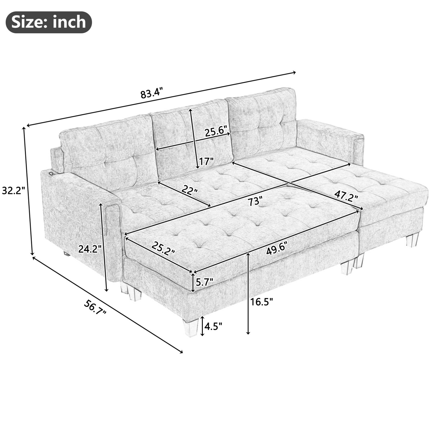 83.4" L-shaped Sofa Sectional Couch Sofa Bed with Two USB Ports, a Movable Ottoman and a Reversible Chaise Lounge for Living Room, Beige