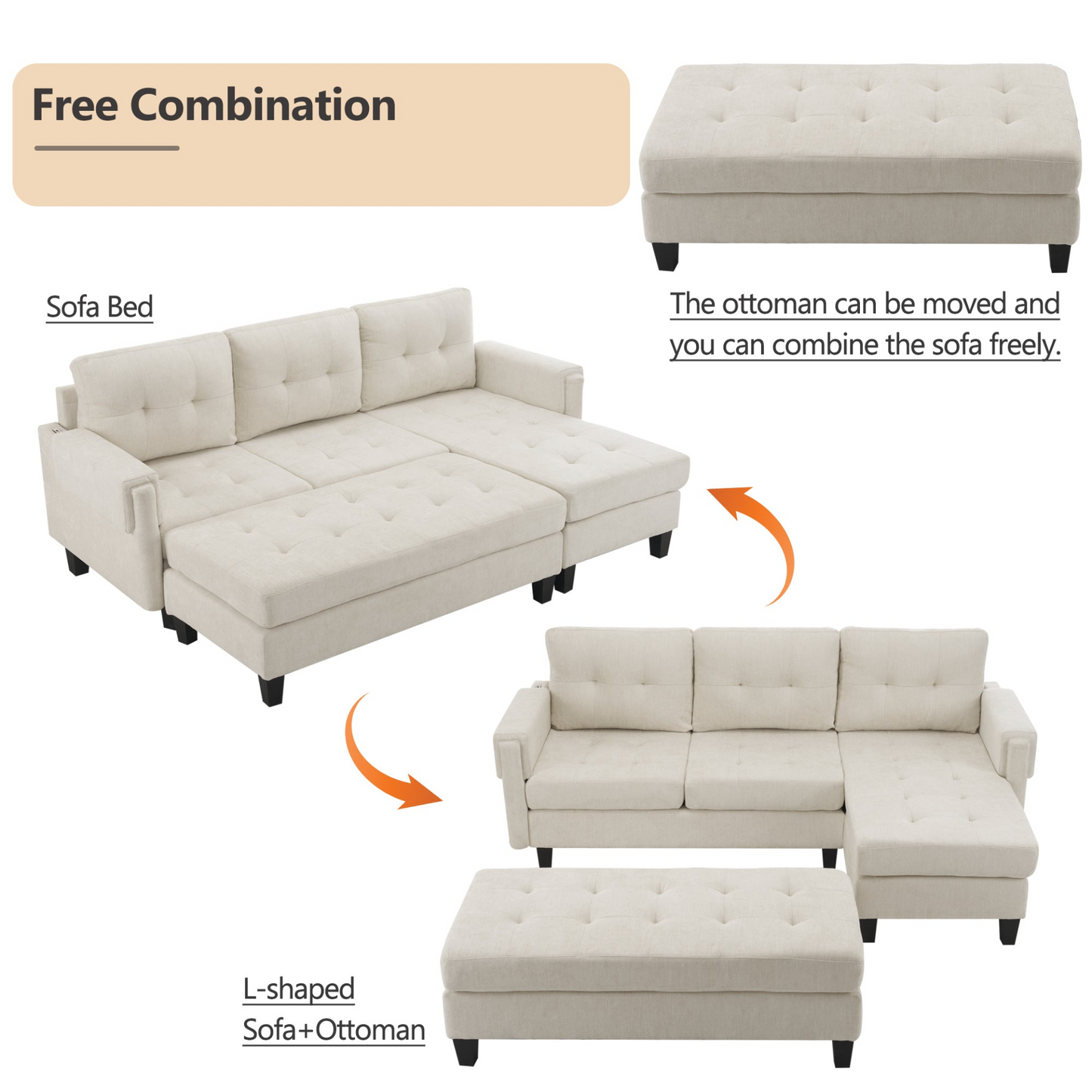 83.4" L-shaped Sofa Sectional Couch Sofa Bed with Two USB Ports, a Movable Ottoman and a Reversible Chaise Lounge for Living Room, Beige